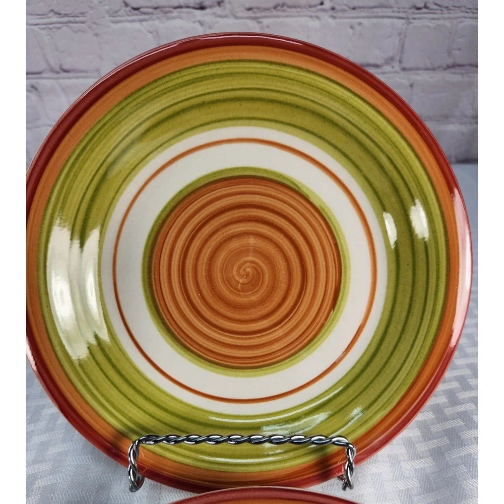 Set of 4 Pier 1 Valencia Salad Dessert Bread Plates Orange Green Swirl Stoneware